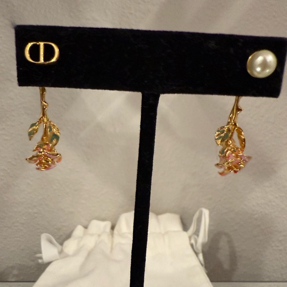 Dior Gold and Pink Floral Earrings - Picture 1 of 6